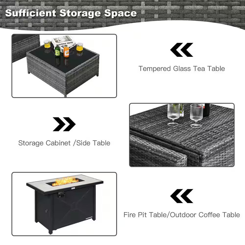 9-Pieces Patio Rattan Furniture Set Fire Pit Table Storage Grey with Cover Black