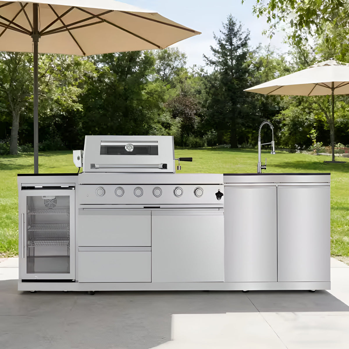 46 In. 4-Burner 72,000 BTU Stainless Steel Outdoor Kitchen BBQ Grill Island, Wine Refrigerator, Rotisserie, in Silver