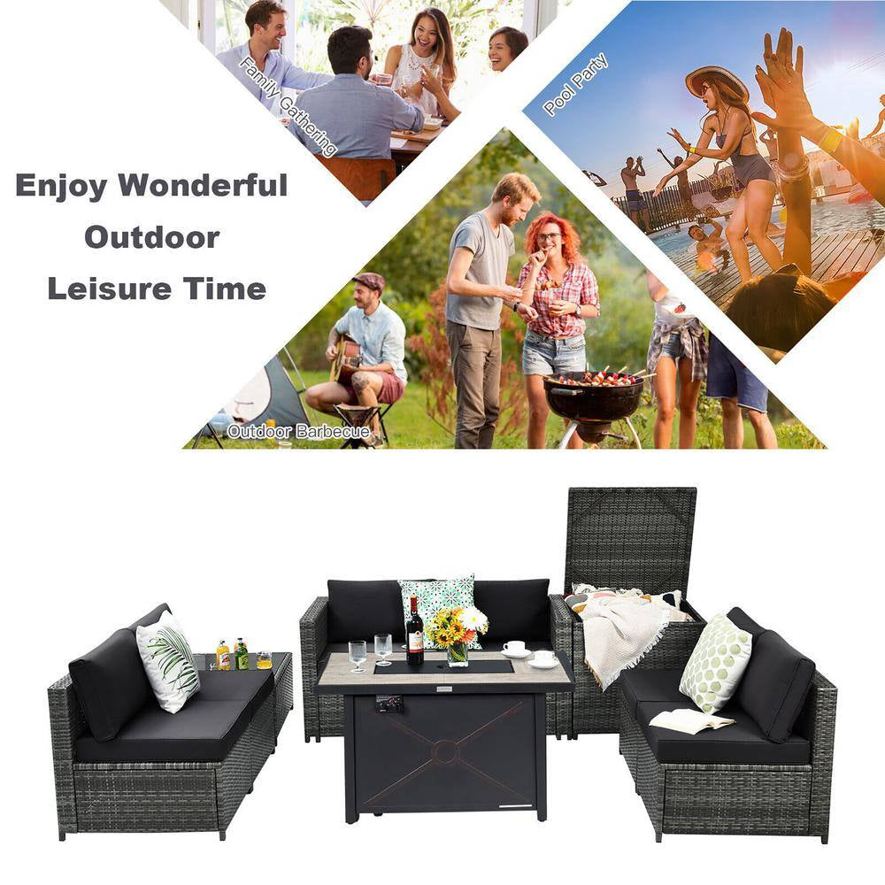 9-Pieces Patio Rattan Furniture Set Fire Pit Table Storage Grey with Cover Black