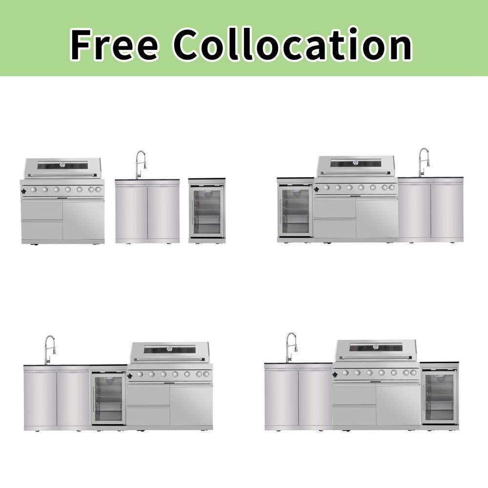 43 In. 6-Burner 85,000 BTU Stainless Steel Outdoor Kitchen BBQ Grill Island, Wine Refrigerator, Rotisserie, in Silver