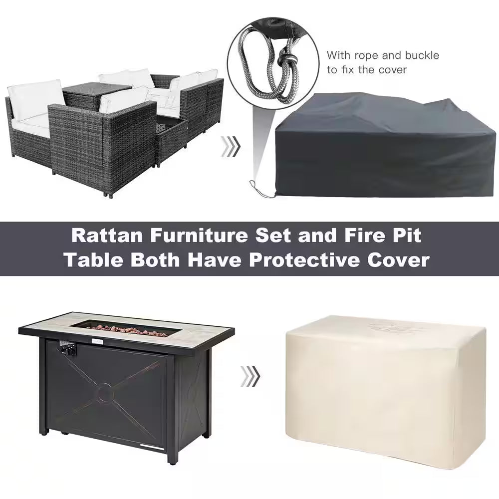 9-Pieces Patio Rattan Furniture Set Fire Pit Table Storage Grey with Cover Black