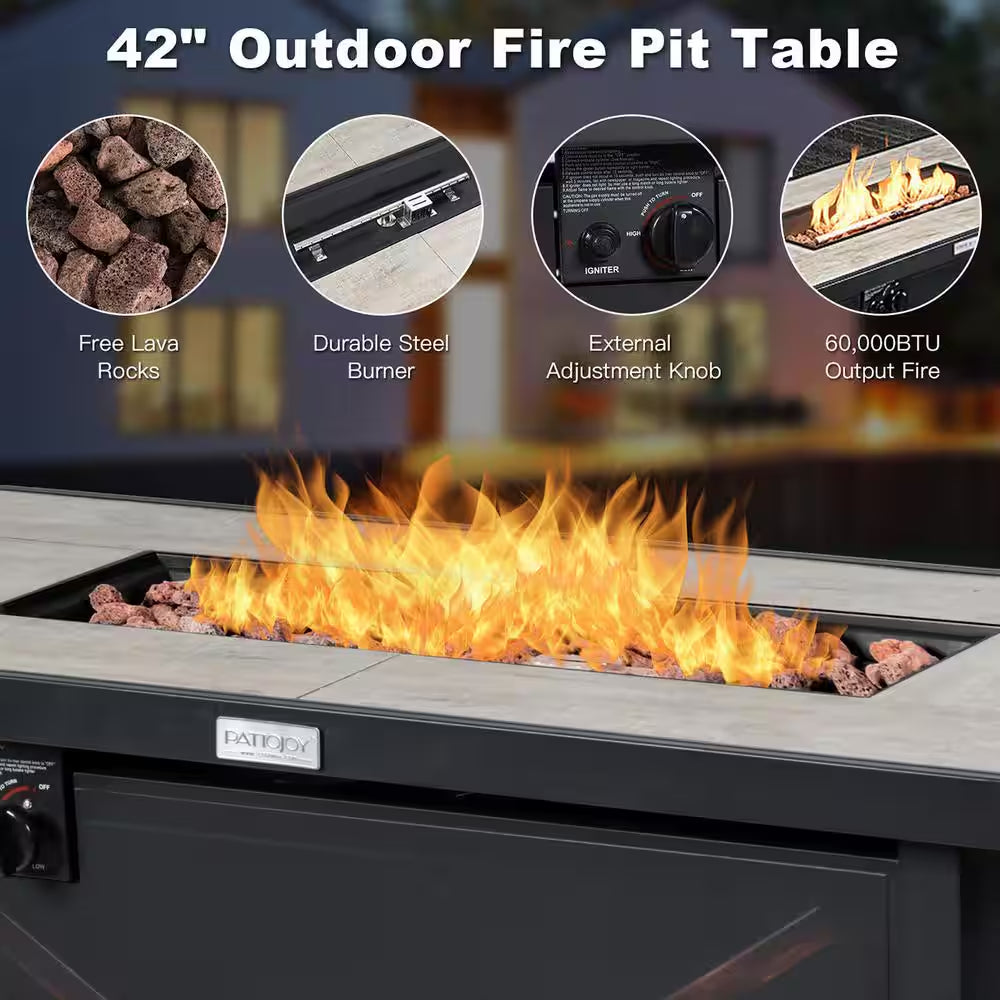 9-Pieces Patio Rattan Furniture Set Fire Pit Table Storage Grey with Cover Black