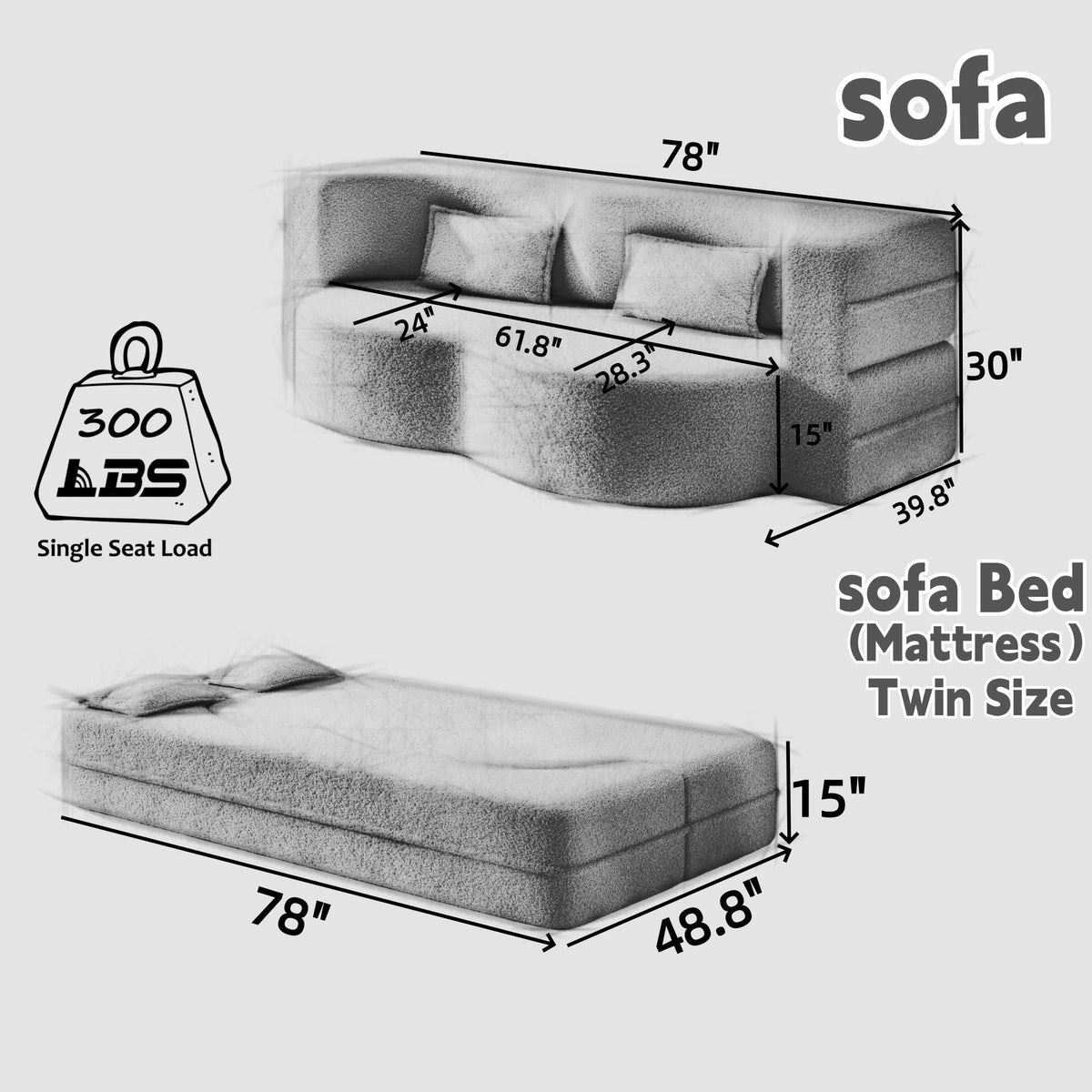 Modern Floor Sofa With 2 Pillows, Twin Size For Living Room