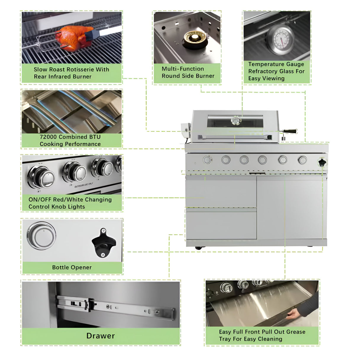 46 In. 4-Burner 72,000 BTU Stainless Steel Outdoor Kitchen BBQ Grill Island, Wine Refrigerator, Rotisserie, in Silver