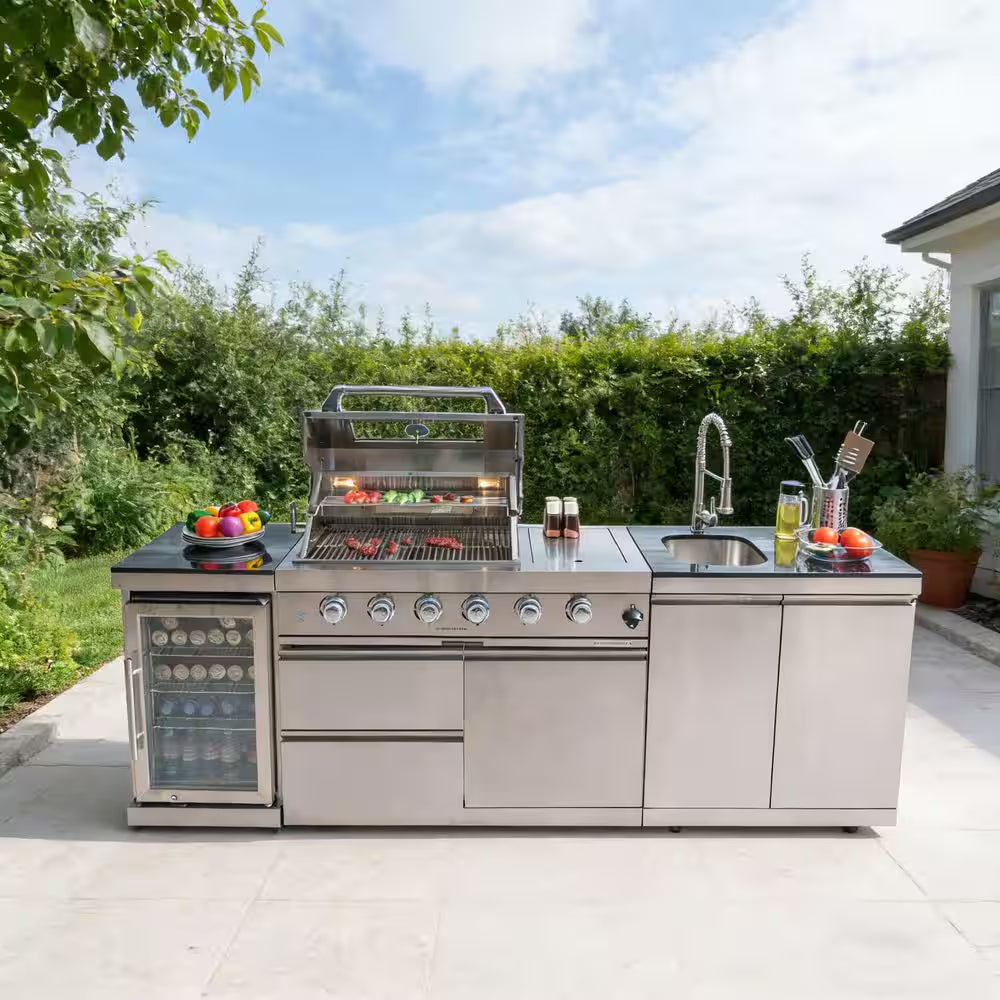 46 In. 4-Burner 72,000 BTU Stainless Steel Outdoor Kitchen BBQ Grill Island, Wine Refrigerator, Rotisserie, in Silver