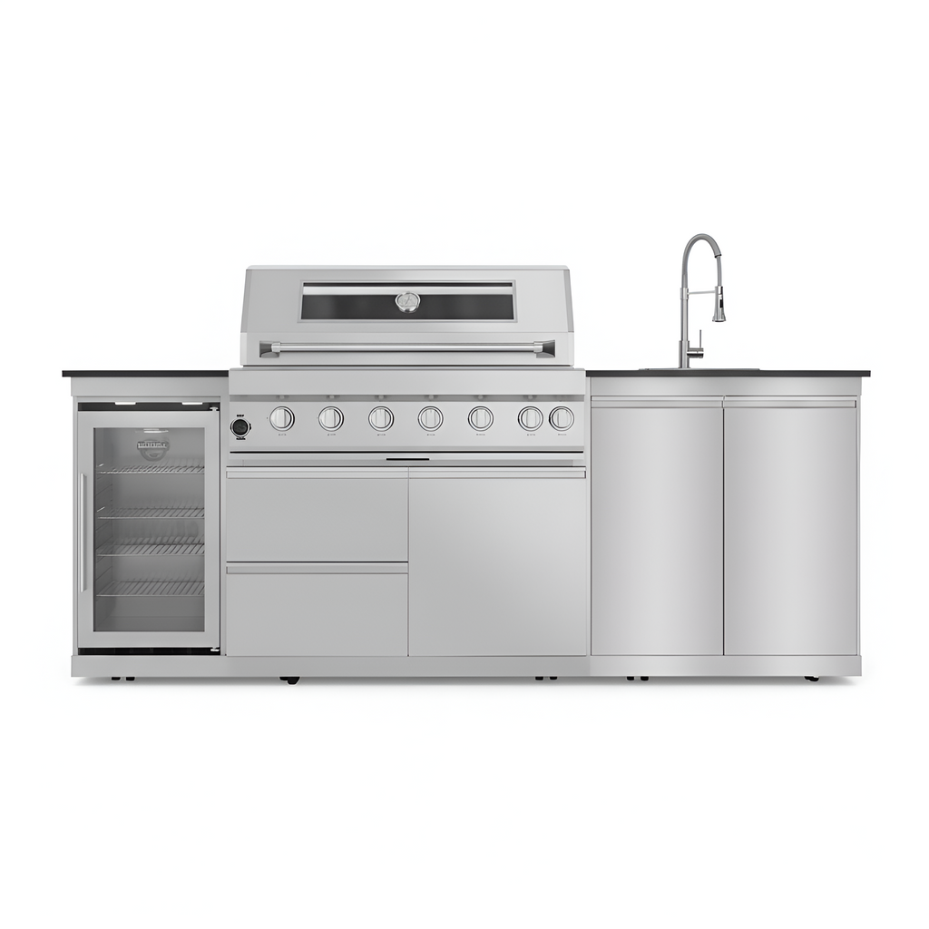 43 In. 6-Burner 85,000 BTU Stainless Steel Outdoor Kitchen BBQ Grill Island, Wine Refrigerator, Rotisserie, in Silver