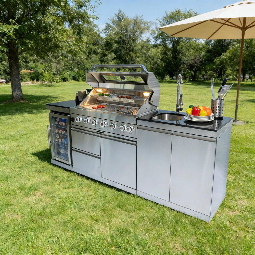 43 In. 6-Burner 85,000 BTU Stainless Steel Outdoor Kitchen BBQ Grill Island, Wine Refrigerator, Rotisserie, in Silver