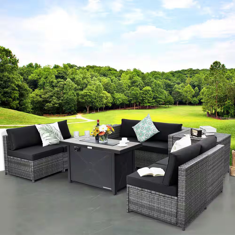 9-Pieces Patio Rattan Furniture Set Fire Pit Table Storage Grey with Cover Black