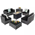 9-Pieces Patio Rattan Furniture Set Fire Pit Table Storage Grey with Cover Black