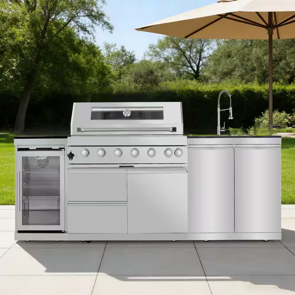 43 In. 6-Burner 85,000 BTU Stainless Steel Outdoor Kitchen BBQ Grill Island, Wine Refrigerator, Rotisserie, in Silver
