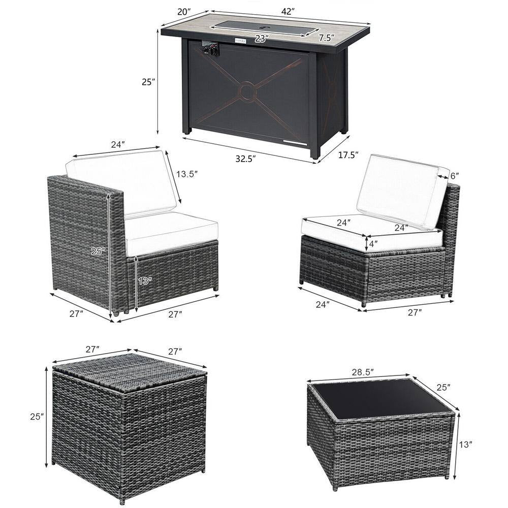 9-Pieces Patio Rattan Furniture Set Fire Pit Table Storage Grey with Cover Black