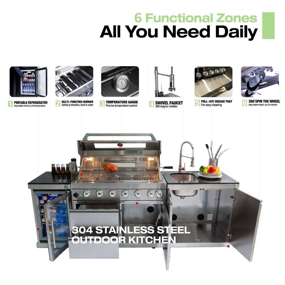 43 In. 6-Burner 85,000 BTU Stainless Steel Outdoor Kitchen BBQ Grill Island, Wine Refrigerator, Rotisserie, in Silver