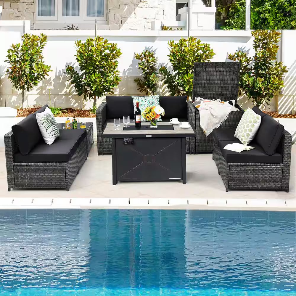 9-Pieces Patio Rattan Furniture Set Fire Pit Table Storage Grey with Cover Black
