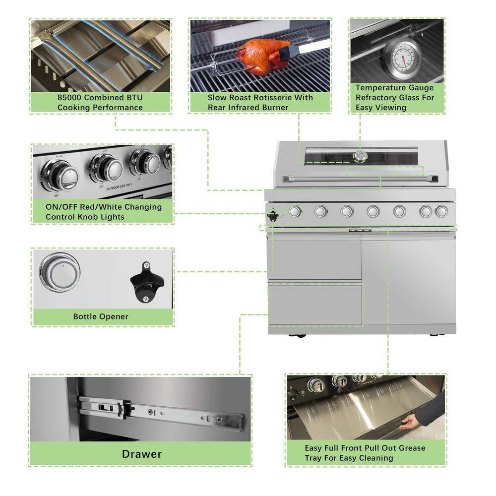 43 In. 6-Burner 85,000 BTU Stainless Steel Outdoor Kitchen BBQ Grill Island, Wine Refrigerator, Rotisserie, in Silver