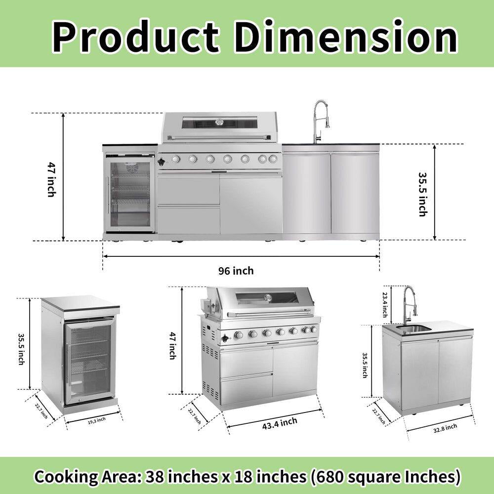 43 In. 6-Burner 85,000 BTU Stainless Steel Outdoor Kitchen BBQ Grill Island, Wine Refrigerator, Rotisserie, in Silver