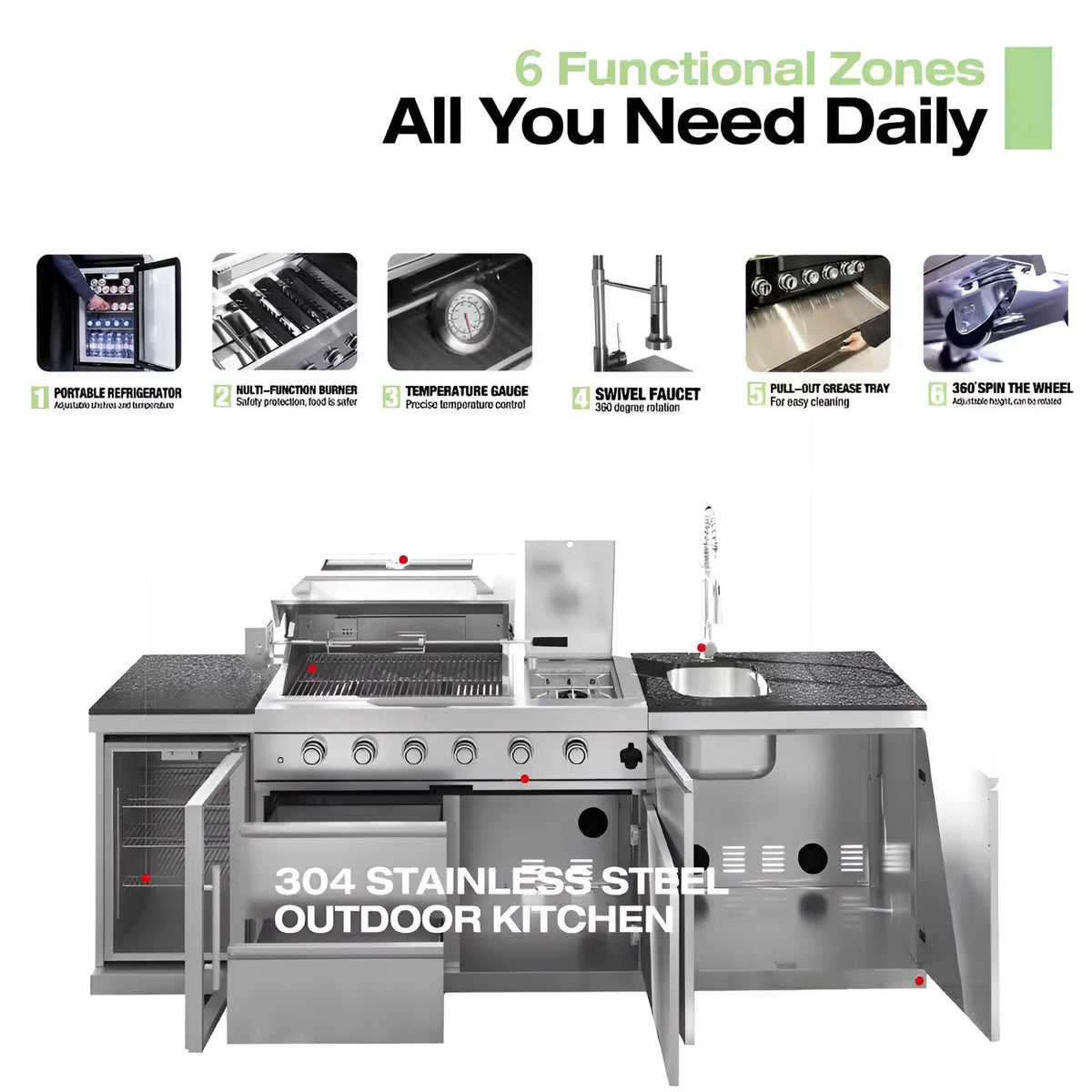46 In. 4-Burner 72,000 BTU Stainless Steel Outdoor Kitchen BBQ Grill Island, Wine Refrigerator, Rotisserie, in Silver