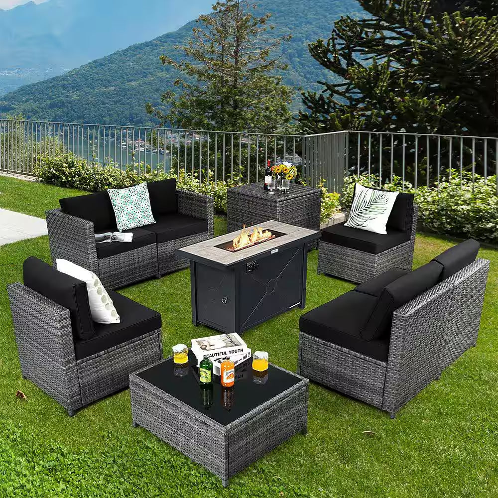 9-Pieces Patio Rattan Furniture Set Fire Pit Table Storage Grey with Cover Black
