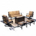 Black Metal Meshed 7 Seat 6-Piece Steel Outdoor Fire Pit Patio Set with Beige Cushions, Black Rectangular Fire Pit Table