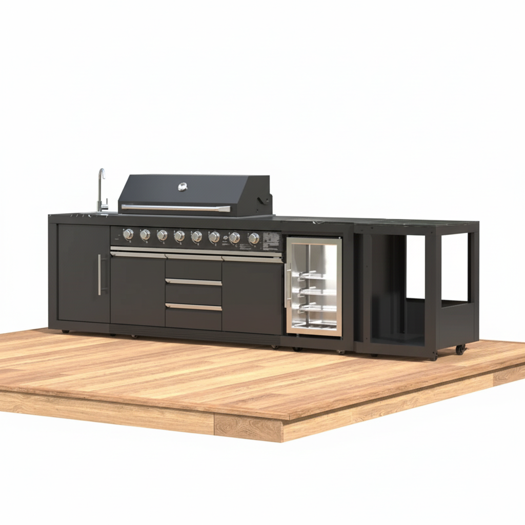 Akoah 4-Piece Modular Outdoor Kitchen Island Set with 8-Burner Grill, Fridge & Wheels